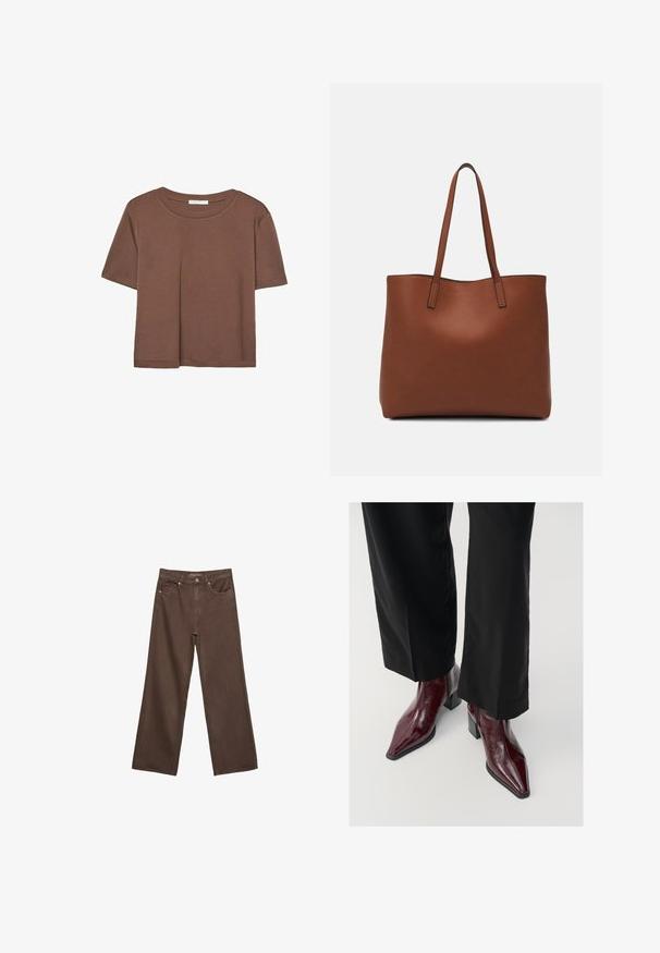 Rjava kratka majica s kratkimi rokavi iz mehkega materiala, s krožnim izrezom in ohlapnim krojem. Brez vidnih vzorcev ali dodatkov.; Široke rjave kavbojke iz denima, ki imajo visok pas, sprednje žepe in klasično zapiranje na gumb. Gladka tekstura s subtilnim šivom.; Burgundski lakirani usnjeni gležnjarji s konicami, masivnim petami in teksturirano površino, v kombinaciji s črnimi širokimi hlačami.; Rjava usnjena torba z gladko teksturo, odprto zasnovo zgoraj in dvema naramnima trakovoma. Opremljena je z minimalnim šivanjem in brez vidnih kovinskih delov.