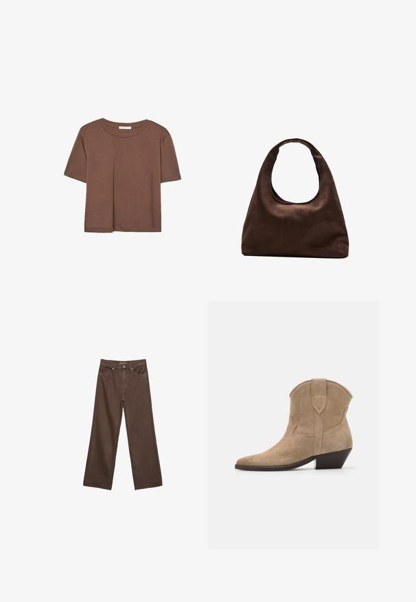 Brun kortärmad t-shirt i mjukt tyg, med rund halsringning och avslappnad passform. Inga synliga mönster eller detaljer.; Breda bruna jeans i denim med hög midja, framfickor och klassisk knäppning. Slät textur med subtil sömnad.; Beiga mockaskängor med spetsig tå, böjd ovankant och låg klack. Har sömmar och en dekorativ överläggsdetalj.; Mjuk brun hobo-väskastil med ett brett axelband och en rundad öppning upptill, visad på en vit bakgrund.
