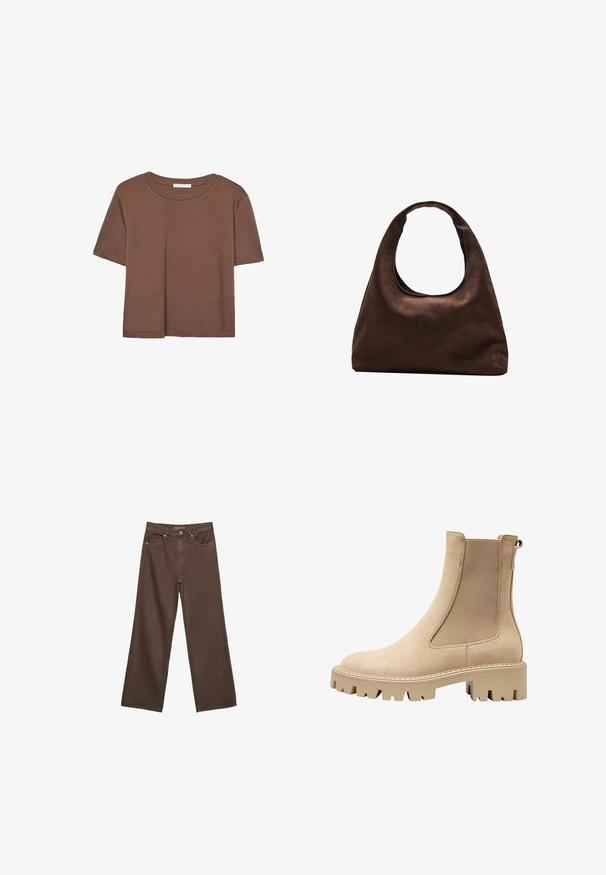 Brun kortærmet t-shirt lavet af blødt stof, med rund halsudskæring og afslappet pasform. Ingen synlige mønstre eller detaljer.; Bredde ben brun denim jeans med høj talje, forlommer og klassisk knaplukning. Glat tekstur med diskret syninger.; Beige ankelstøvle med en glat suedefinish, elastiske sidepaneler og en kraftig sål for godt greb. Har dekorative syninger.; Blød brun hobo-stil håndtaske med en enkelt bred strop og en buet åbning på toppen, vist på en hvid baggrund.