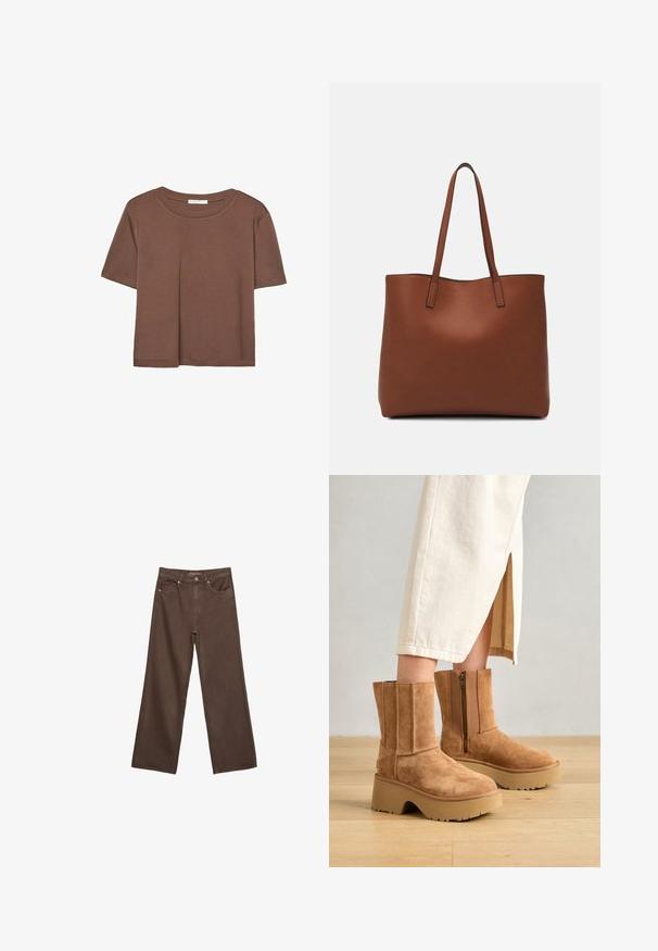 Brun kortärmad t-shirt i mjukt tyg, med rund halsringning och avslappnad passform. Inga synliga mönster eller detaljer.; Breda bruna jeans i denim med hög midja, framfickor och klassisk knäppning. Slät textur med subtil sömnad.; Bruna mocka ankelskor med en kraftig plattformssula, sidodragkedja och vertikala sömdetaljer, som är kombinerade med en krämfärgad kjol.; Brun läder tote-väska med en slät textur, öppen toppdesign och två axelremmar. Har minimal söm och ingen synlig metalldetalj.
