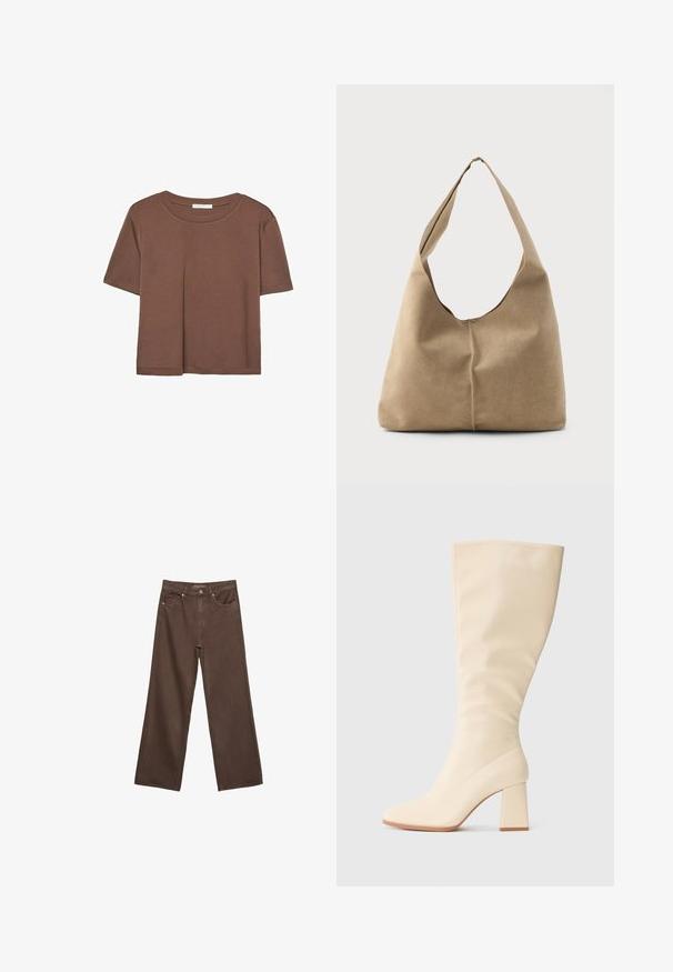 Braunes, kurzärmliges T-Shirt aus weichem Material mit rundem Halsausschnitt und lockerer Passform. Keine sichtbaren Muster oder Akzente.; Weite braune Jeans aus Denim, mit hoher Taille, Fronttaschen und klassischem Knopfverschluss. Glatte Textur mit feinen Nähten.; Cremefarbene kniehohe Stiefel mit Blockabsatz und glatter Oberfläche, seitlich auf einem einfarbigen Hintergrund gezeigt.; Hobo-Tasche aus weichem beigen Wildleder mit einer lässigen Form, breitem Schulterriemen und einer handgestickten Nahtdetail entlang der Vorderseite.