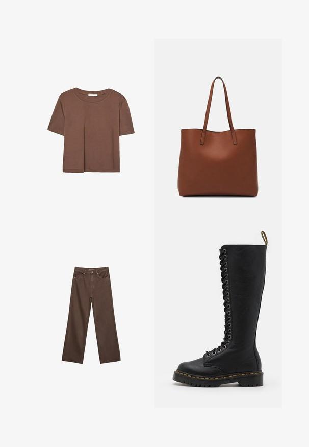 Rjava kratka majica s kratkimi rokavi iz mehkega materiala, s krožnim izrezom in ohlapnim krojem. Brez vidnih vzorcev ali dodatkov.; Široke rjave kavbojke iz denima, ki imajo visok pas, sprednje žepe in klasično zapiranje na gumb. Gladka tekstura s subtilnim šivom.; Črne usnjene škornje do kolen z debelim podplatom, ki imajo zavezovanje spredaj, kovinske ogenjke in kontrastno rumeno šivanje.; Rjava usnjena torba z gladko teksturo, odprto zasnovo zgoraj in dvema naramnima trakovoma. Opremljena je z minimalnim šivanjem in brez vidnih kovinskih delov.