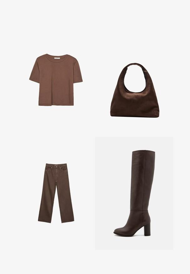 T-shirt marron à manches courtes en tissu doux, avec un col rond et une coupe décontractée. Aucun motif ni accent visible.; Jean brown à jambes larges en denim, doté d'une taille haute, de poches avant et d'une fermeture à bouton classique. Texture lisse avec des coutures subtiles.; Botte en cuir marron à hauteur de genou avec un talon large, texture lisse, bout arrondi et détails de couture minimaux.; Sac à main en toile marron doux de style hobo avec une large sangle unique et une ouverture en haut arrondie, présenté sur un fond blanc.