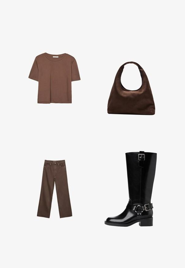 Hnědé tričko s krátkým rukávem vyrobené z měkké látky, s kulatým výstřihem a volným střihem. Bez viditelných vzorů nebo dekorací.; Hnědé džíny s širokými nohavicemi vyrobené z denimu, s vysokým pasem, předními kapsami a klasickým zapínáním na knoflík. Hladká textura s jemným švem.; Černá kožená vysoká bota po kolena s kulatou špičkou, masivním podpatkem, nastavitelným popruhem s kovovými akcenty a lesklým povrchem.; Měkká hnědá kabelka ve stylu hobo s jedním širokým popruhem a zakřiveným horním otvorem, vystavená na bílém pozadí.