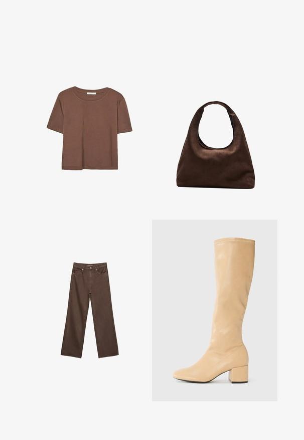 Brun kortärmad t-shirt i mjukt tyg, med rund halsringning och avslappnad passform. Inga synliga mönster eller detaljer.; Breda bruna jeans i denim med hög midja, framfickor och klassisk knäppning. Slät textur med subtil sömnad.; Anna Field Stövel - beige; Mjuk brun hobo-väskastil med ett brett axelband och en rundad öppning upptill, visad på en vit bakgrund.