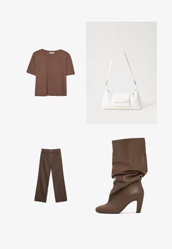 Kahvinsävyinen lyhythihainen t-paita, joka on valmistettu pehmeästä kankaasta. Pyöreä pääntie ja rento malli. Ei näkyviä kuvioita tai koristeita.; Leviittävät ruskeat farkut, jotka on valmistettu denimistä, korkea vyötärö, etutaskut ja klassinen nappikiinnitys. Silkkinen pinta hienovaraisella ompelutyöllä.; Ruskea, löysä nilkkabooti, joka on valmistettu sileästä nahasta. Ominaisuuksiin kuuluu pyöreä kärki ja korko. Suunnittelussa on pehmeitä taitoksia ylävarressa.; Valkoinen synteettinen käsilaukku, jossa on kolmikulmainen muoto, tasainen etu läppä ja nauhadetail, säädettävä olkahihna, sileä rakenne ja minimalinen muotoilu.