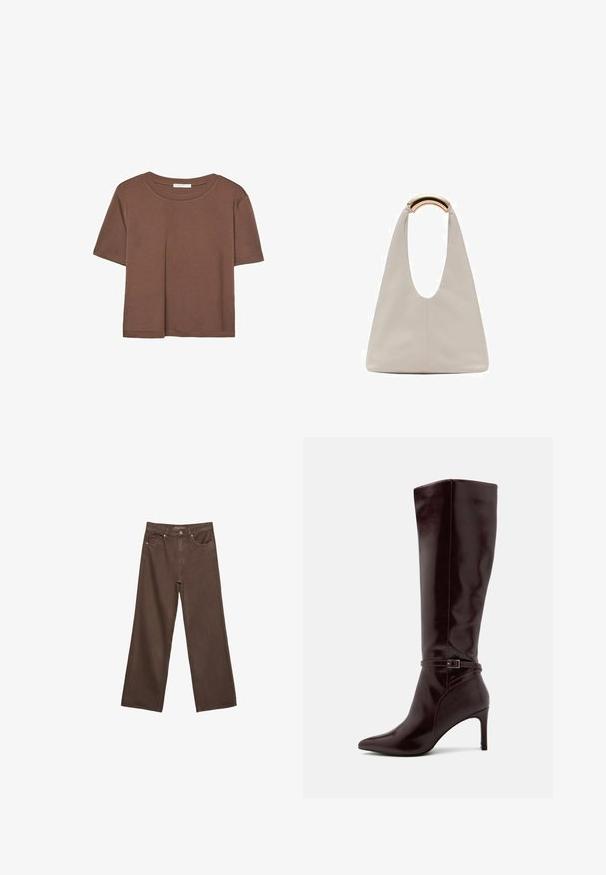 Brązowa koszulka z krótkim rękawem, wykonana z miękkiego materiału, z okrągłym dekoltem i luźnym krojem. Brak widocznych wzorów lub akcentów.; Szerokie brązowe dżinsy wykonane z denimu, z wysokim stanem, przednimi kieszeniami i klasycznym zapięciem na guzik. Gładka faktura z subtelnym przeszyciem.; Anna Field - Kozaki; Jasnoszara skórzana torba o kształcie litery U z zakrzywionym metalowym uchwytem. Gładka tekstura z minimalnymi szwami i bez widocznych wzorów.