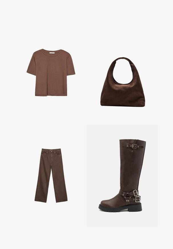 Smeđi kratki rukav majica od mekog materijala, s okruglim izrezom i opuštenim krojem. Nema vidljivih uzoraka ili naglasaka.; Proširene smeđe traperice od denima, s visokim strukom, prednjim džepovima i klasičnom kopčom na dugme. Glatka tekstura s suptilnim šavovima.; RAID WESTINN - Čizme s platformom - brown; Meka mekana smeđa torba hobo stila s jednim širokim remenom i zakrivljenim otvaranjem na vrhu, prikazana na bijeloj pozadini.