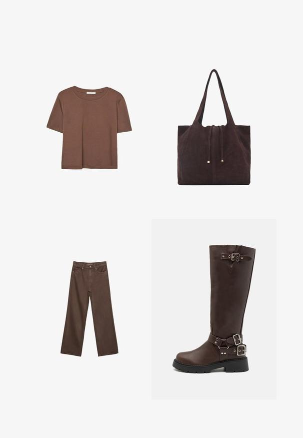 Hnědé tričko s krátkým rukávem vyrobené z měkké látky, s kulatým výstřihem a volným střihem. Bez viditelných vzorů nebo dekorací.; Hnědé džíny s širokými nohavicemi vyrobené z denimu, s vysokým pasem, předními kapsami a klasickým zapínáním na knoflík. Hladká textura s jemným švem.; RAID WESTINN - Kozačky na platformě - brown; Mango Velká kabelka - dark brown