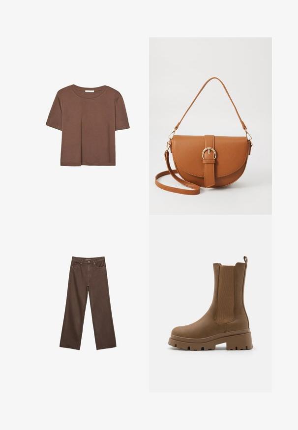 Rjava kratka majica s kratkimi rokavi iz mehkega materiala, s krožnim izrezom in ohlapnim krojem. Brez vidnih vzorcev ali dodatkov.; Široke rjave kavbojke iz denima, ki imajo visok pas, sprednje žepe in klasično zapiranje na gumb. Gladka tekstura s subtilnim šivom.; Rjavi gležnjarji s gladkim usnjem, elastičnimi stranskimi paneli in debelim podplatom. Imajo tudi zanko na zadnji strani za enostavno obuvanje.; Rjava usnjena torbica prek telesa s ukrivljeno obliko, zlate opreme in sponko. Ima odstranljiv naramni trak.