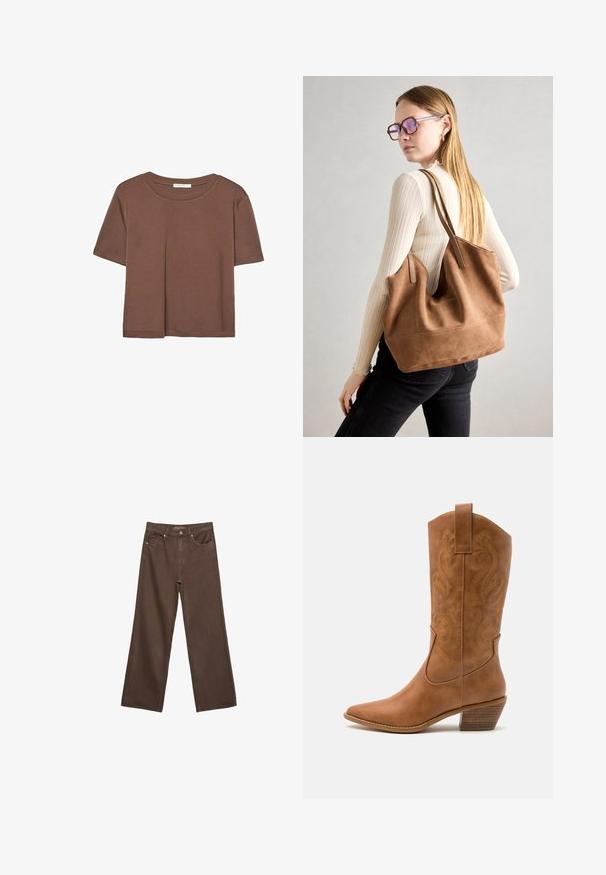 Brun kortärmad t-shirt i mjukt tyg, med rund halsringning och avslappnad passform. Inga synliga mönster eller detaljer.; Breda bruna jeans i denim med hög midja, framfickor och klassisk knäppning. Slät textur med subtil sömnad.; Bruna lädercowboystövlar med spetsig tå, broderade virvelmönster på skaftet och en staplad blockklack. Har en dragflik för enkel påtagning.; Brun mocka toteväska med mjuk textur, stor öppning och långa axelremmar. Har en enkel design med synliga sömmar och ingen hårdvara.