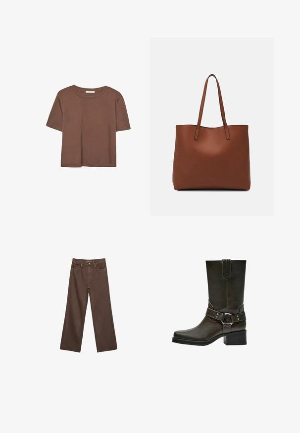 Brązowa koszulka z krótkim rękawem, wykonana z miękkiego materiału, z okrągłym dekoltem i luźnym krojem. Brak widocznych wzorów lub akcentów.; Szerokie brązowe dżinsy wykonane z denimu, z wysokim stanem, przednimi kieszeniami i klasycznym zapięciem na guzik. Gładka faktura z subtelnym przeszyciem.; Brązowy skórzany botek za kostkę z kwadratowym czubkiem, niskim blokowym obcasem i dekoracyjnym paskiem z klamrą w kolorze srebrnym. Gładka tekstura, prosty design.; Brązowa skórzana torba tote o gładkiej fakturze, z otwartym wierzchem i dwoma ramiączkami. Charakteryzuje się minimalnym przeszyciem i brakiem widocznych elementów metalowych.