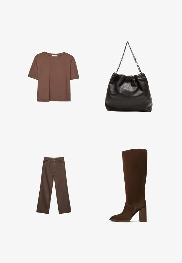 Brązowa koszulka z krótkim rękawem, wykonana z miękkiego materiału, z okrągłym dekoltem i luźnym krojem. Brak widocznych wzorów lub akcentów.; Szerokie brązowe dżinsy wykonane z denimu, z wysokim stanem, przednimi kieszeniami i klasycznym zapięciem na guzik. Gładka faktura z subtelnym przeszyciem.; Brązowe, wysokie do kolan botki wykonane z gładkiego materiału, z nokciem w kształcie szpica i kwadratowym obcasem. Szczegóły przeszyć podkreślają elegancki design.; Brązowa skórzana torba z marszczonym szczytem i łańcuszkowym paskiem. Gładka tekstura z błyszczącym wykończeniem i subtelnymi detalami szwów po bokach.