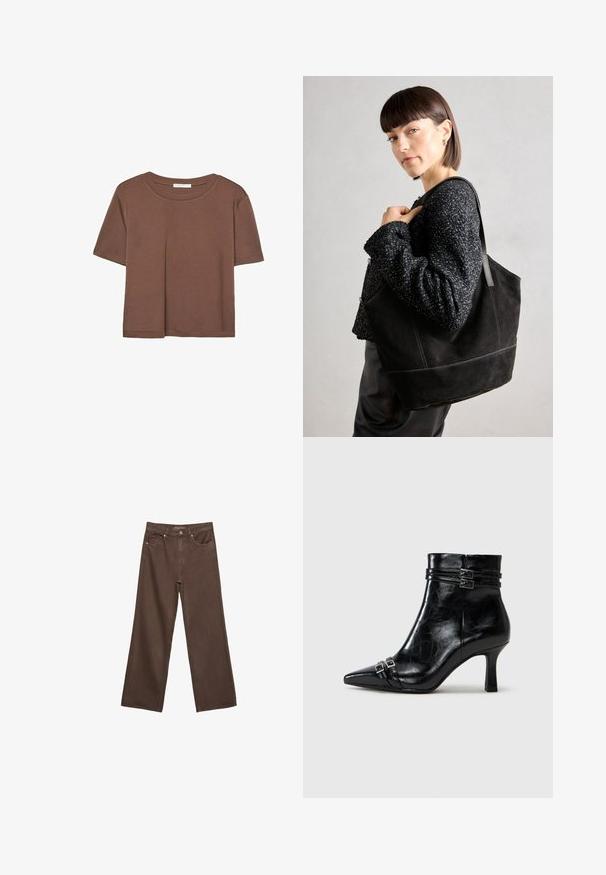 Smeđi kratki rukav majica od mekog materijala, s okruglim izrezom i opuštenim krojem. Nema vidljivih uzoraka ili naglasaka.; Proširene smeđe traperice od denima, s visokim strukom, prednjim džepovima i klasičnom kopčom na dugme. Glatka tekstura s suptilnim šavovima.; Tamaris Gležnjače s punom petom - black; Crna suede torba s glatkom teksturom, strukturiranim oblikom i kontrastnim šavovima. Ima duge trake za nošenje preko ramena.