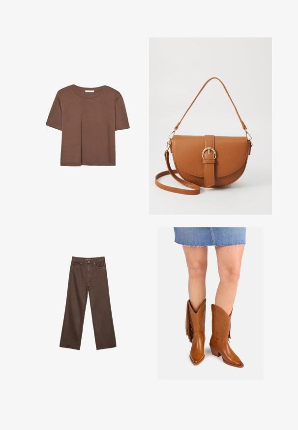 Hnědé tričko s krátkým rukávem vyrobené z měkké látky, s kulatým výstřihem a volným střihem. Bez viditelných vzorů nebo dekorací.; Hnědé džíny s širokými nohavicemi vyrobené z denimu, s vysokým pasem, předními kapsami a klasickým zapínáním na knoflík. Hladká textura s jemným švem.; Hnědé kožené kovbojské boty s špičatými špičkami, dekorativním prošíváním a postranními třásněmi, vybavené stohovaným podpatkem pro zvýšení výšky.; Hnědá kožená křížová taška s zakřiveným tvarem, zlatými detaily a akcentem s přezkou. Obsahuje odnímatelný popruh na rameno.