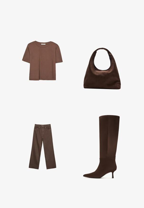 Brązowa koszulka z krótkim rękawem, wykonana z miękkiego materiału, z okrągłym dekoltem i luźnym krojem. Brak widocznych wzorów lub akcentów.; Szerokie brązowe dżinsy wykonane z denimu, z wysokim stanem, przednimi kieszeniami i klasycznym zapięciem na guzik. Gładka faktura z subtelnym przeszyciem.; Brązowe kozaki do kolan wykonane z gładkiego materiału, z wąskim czubkiem i cienkim, wysokim obcasem. Bezszwowy design z minimalnymi akcentami.; Miękka, brązowa torebka w stylu hobo z jedną szeroką rączką i wyprofilowanym otwarciem, wyeksponowana na białym tle.
