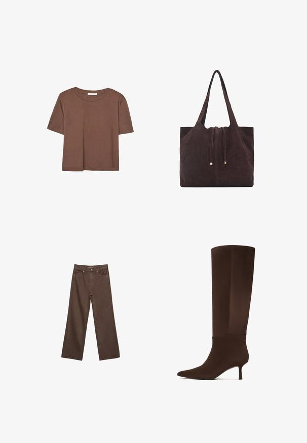 Smeđi kratki rukav majica od mekog materijala, s okruglim izrezom i opuštenim krojem. Nema vidljivih uzoraka ili naglasaka.; Proširene smeđe traperice od denima, s visokim strukom, prednjim džepovima i klasičnom kopčom na dugme. Glatka tekstura s suptilnim šavovima.; Smeđe čizme do koljena izrađene od glatkog materijala, s oštrom vagu i uskim, visokim potpeticama. Besprijekoran dizajn s minimalnim naglaskom.; Mango Velika torba - dark brown