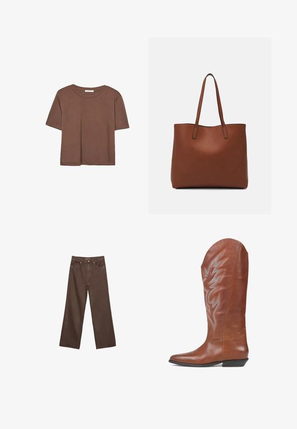 T-shirt marron à manches courtes en tissu doux, avec un col rond et une coupe décontractée. Aucun motif ni accent visible.; Jean brown à jambes larges en denim, doté d'une taille haute, de poches avant et d'une fermeture à bouton classique. Texture lisse avec des coutures subtiles.; Botte de cowboy en cuir brun avec un bout pointu, hauteur mi-mollet, broderie de flammes décoratives en argent et orange, et un petit talon incliné.; Sac fourre-tout en cuir marron avec une texture lisse, design à ouverture supérieure et deux poignées pour le porter à l'épaule. Présente des coutures minimales et aucun matériel visible.