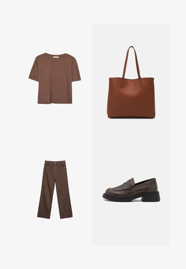 Hnedé tričko s krátkym rukávom vyrobené z jemného materiálu, s okrúhlym výstrihom a voľným strihom. Žiadne viditeľné vzory ani akcenty.; Džínsy s širokými nohavicami v hnedej farbe, vyrobené z denimu, so zvýšeným pásom, prednými vreckami a klasickým zapínaním na gombík. Hladká textúra s jemným prešívaním.; Hnedé kožené mokasíny s okrúhlou špičkou, dekoratívnym pásikom a výrazným čiernym blokovým podpätkom. Hladký povrch s jemnou textúrou.; Hnedá kožená taška na rameno s hladkou textúrou, otvoreným vrchom a dvoma ramenými popruhmi. Má minimálne šitia a žiadne viditeľné kovania.