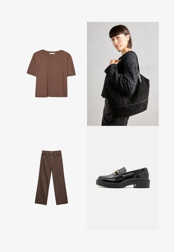 Braunes, kurzärmliges T-Shirt aus weichem Material mit rundem Halsausschnitt und lockerer Passform. Keine sichtbaren Muster oder Akzente.; Weite braune Jeans aus Denim, mit hoher Taille, Fronttaschen und klassischem Knopfverschluss. Glatte Textur mit feinen Nähten.; Schwarze Lackleder-Loafer mit einem niedrigen Blockabsatz, die über eine auffällige goldfarbene Schnalle und eine strukturierte, geriffelte Außensohle verfügen.; Schwarze Wildleder-Tote-Tasche mit glatter Textur, strukturiertem Design und kontrastierenden Nähten. Verfügt über lange Träger zum Tragen über der Schulter.