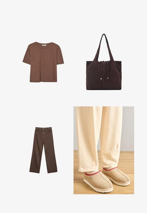 Hnědé tričko s krátkým rukávem vyrobené z měkké látky, s kulatým výstřihem a volným střihem. Bez viditelných vzorů nebo dekorací.; Hnědé džíny s širokými nohavicemi vyrobené z denimu, s vysokým pasem, předními kapsami a klasickým zapínáním na knoflík. Hladká textura s jemným švem.; Hnědé semišové dřeváky s červeným dekorativním lemováním a bílou gumovou podrážkou, spárované s světlými béžovými kalhotami, umístěné na dřevěné podlaze.; Mango Velká kabelka - dark brown