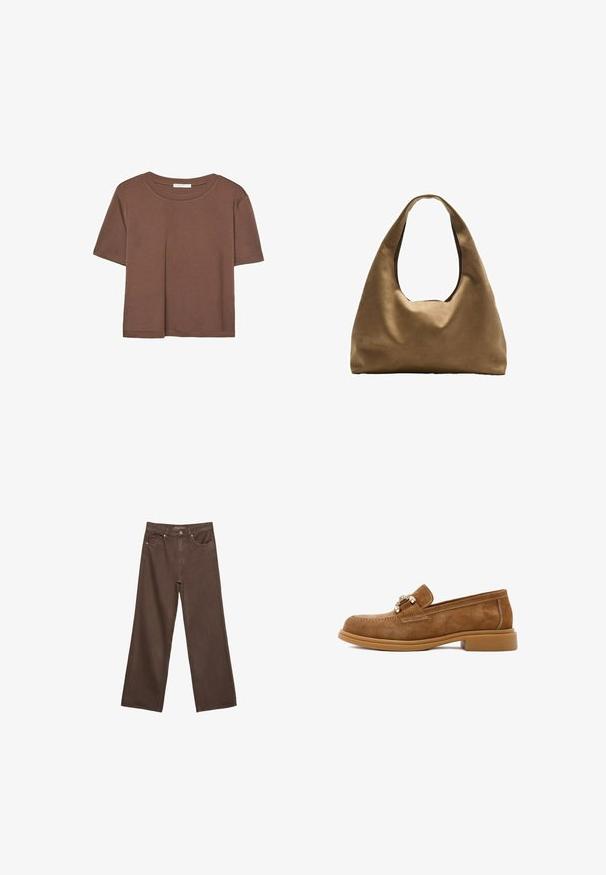 T-shirt marron à manches courtes en tissu doux, avec un col rond et une coupe décontractée. Aucun motif ni accent visible.; Jean brown à jambes larges en denim, doté d'une taille haute, de poches avant et d'une fermeture à bouton classique. Texture lisse avec des coutures subtiles.; Mocassins en daim marron avec un petit talon en caoutchouc, présentant des accessoires métalliques décoratifs et des coutures contrastées le long de la tige.; Sac à épaule en tissu marron avec un corps large et arrondi et une grande poignée découpée. Texture douce, design minimaliste et aucun matériel visible.