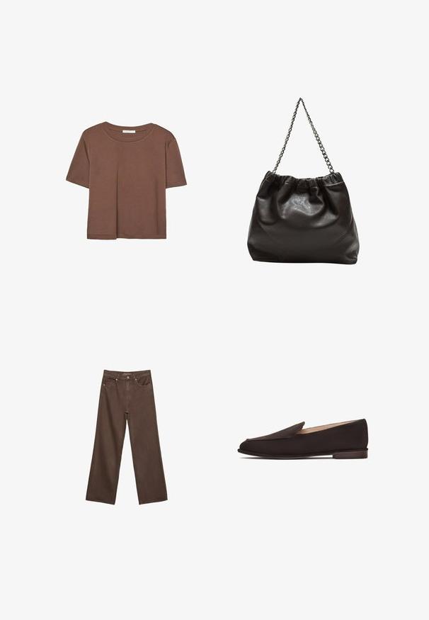 Brown short-sleeve t-shirt made of soft fabric, with a round neckline and relaxed fit. No visible patterns or accents.; Wide-leg brown jeans made of denim, featuring a high waist, front pockets, and a classic button closure. Smooth texture with subtle stitching.; Black loafers with a smooth fabric upper, pointed toe, and low wooden heel. Features a simple slip-on design without visible hardware or embellishments.; Brown leather bag with a gathered top and a chain strap. Smooth texture with a glossy finish and subtle seam detailing on the sides.