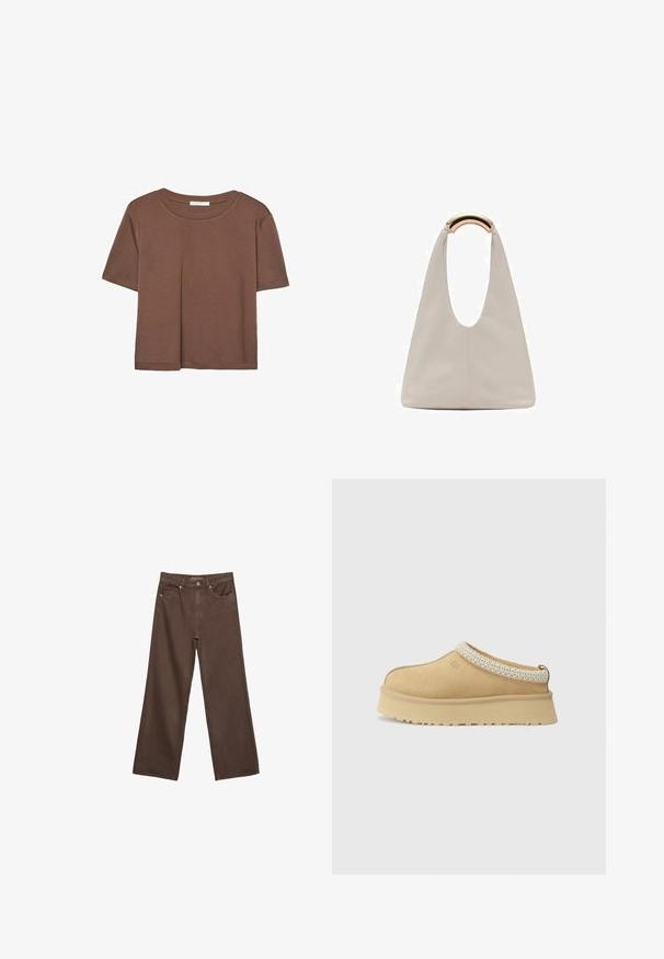 Kahvinsävyinen lyhythihainen t-paita, joka on valmistettu pehmeästä kankaasta. Pyöreä pääntie ja rento malli. Ei näkyviä kuvioita tai koristeita.; Leviittävät ruskeat farkut, jotka on valmistettu denimistä, korkea vyötärö, etutaskut ja klassinen nappikiinnitys. Silkkinen pinta hienovaraisella ompelutyöllä.; Vaaleanruskeat mokka-slip-on-kengät, joissa on pehmustettu kaulus ja teksturoitu vaaleansininen yksityiskohta. Ominaisuuksiin kuuluu paksu, kestävä pohja, jossa on kuvioitu kulutuspinta.; Vaalea harmaa nahkalaukku, jossa on U-muotoinen muotoilu ja kaareva metallikahva. Suora pinta, jossa on minimaalinen ompelu ja ei näkyviä kuvioita.