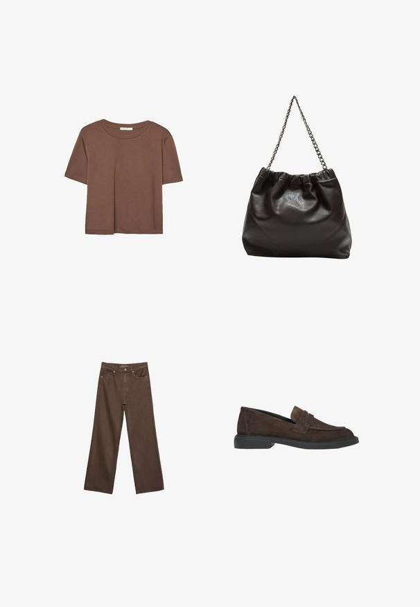 Brown short-sleeve t-shirt made of soft fabric, with a round neckline and relaxed fit. No visible patterns or accents.; Wide-leg brown jeans made of denim, featuring a high waist, front pockets, and a classic button closure. Smooth texture with subtle stitching.; Brown suede loafers with a flat black sole, featuring a front strap and clean lines, designed for casual wear.; Brown leather bag with a gathered top and a chain strap. Smooth texture with a glossy finish and subtle seam detailing on the sides.