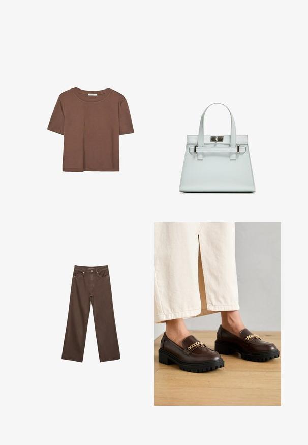 Korte mouwen T-shirt in bruin, gemaakt van een zachte stof, met een ronde halslijn en een relaxte pasvorm. Geen zichtbare patronen of accenten.; Brede bruine spijkerbroek van denim, met een hoge taille, voorzakken en een klassieke knoopsluiting. Soepele textuur met subtiele stiksels.; Bruine leren loafers met een stevige zwarte zool en een gouden kettingaccent over de voorkant. Gladde afwerking met een lichte glans.; Lichtblauwe handtas met gestructureerd ontwerp, twee handvatten en een zilverkleurige slot. Getextureerd materiaal en scherpe hoeken.