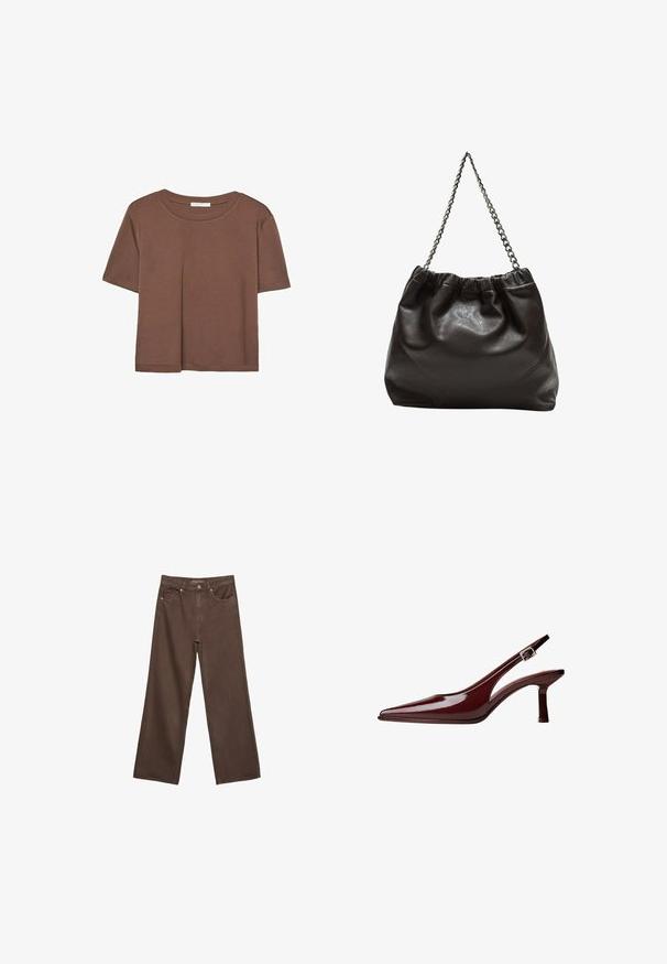 Kahvinsävyinen lyhythihainen t-paita, joka on valmistettu pehmeästä kankaasta. Pyöreä pääntie ja rento malli. Ei näkyviä kuvioita tai koristeita.; Leviittävät ruskeat farkut, jotka on valmistettu denimistä, korkea vyötärö, etutaskut ja klassinen nappikiinnitys. Silkkinen pinta hienovaraisella ompelutyöllä.; Maroon patentti nahasta valmistettu slingback-korkokenkä, jossa on teräväkärkinen muotoilu, keskipitkä kitten-korko ja hopeinen solkiremmi valkoista taustaa vasten.; Ruskea nahkainen laukku, jossa on kerätty yläosa ja ketjuhihna. Tasainen pinta, jossa kiiltävä viimeistely ja hienovaraiset sauman yksityiskohdat sivuilla.