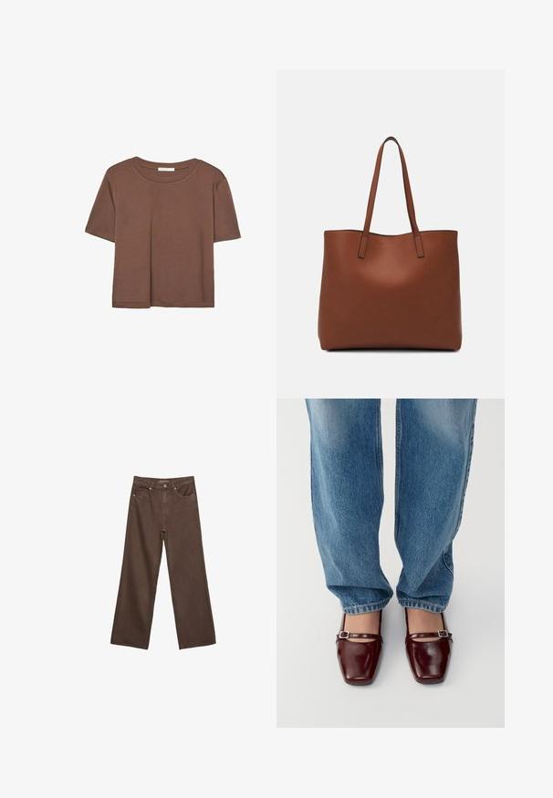 T-shirt marron à manches courtes en tissu doux, avec un col rond et une coupe décontractée. Aucun motif ni accent visible.; Jean brown à jambes larges en denim, doté d'une taille haute, de poches avant et d'une fermeture à bouton classique. Texture lisse avec des coutures subtiles.; Chaussures en cuir verni bourgogne avec un bout carré et une bride à la cheville, associées à un jean bleu clair à coupe décontractée. Les chaussures ont une finition brillante.; Sac fourre-tout en cuir marron avec une texture lisse, design à ouverture supérieure et deux poignées pour le porter à l'épaule. Présente des coutures minimales et aucun matériel visible.