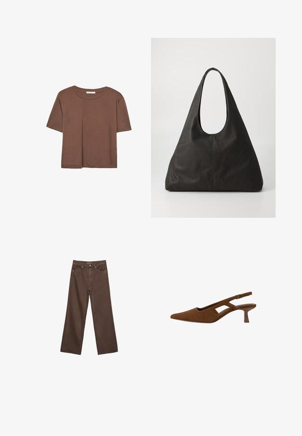 Smeđi kratki rukav majica od mekog materijala, s okruglim izrezom i opuštenim krojem. Nema vidljivih uzoraka ili naglasaka.; Proširene smeđe traperice od denima, s visokim strukom, prednjim džepovima i klasičnom kopčom na dugme. Glatka tekstura s suptilnim šavovima.; Smeđe suédne cipele sa slingback dizajnom, šiljastim vrhom, izrezbarenim detaljima i uskim potplatom. Imaju kopčanje i glatku unutrašnjost.; Crna kožna torba s okruglom drškom, izduženog trokutastog oblika i glatke teksture. Ima minimalistički dizajn bez vidljivih metalnih dijelova.