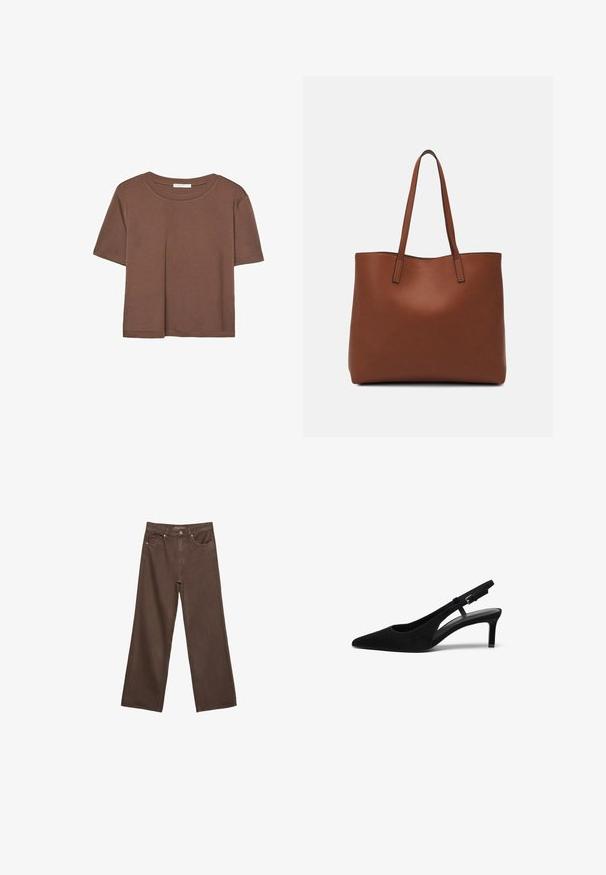 Brązowa koszulka z krótkim rękawem, wykonana z miękkiego materiału, z okrągłym dekoltem i luźnym krojem. Brak widocznych wzorów lub akcentów.; Szerokie brązowe dżinsy wykonane z denimu, z wysokim stanem, przednimi kieszeniami i klasycznym zapięciem na guzik. Gładka faktura z subtelnym przeszyciem.; Czarny zamszowy but slingback z ostrym noskiem, niskim obcasem, odkrytą stroną i regulowanym paskiem z metalową klamrą. Gładka tekstura.; Brązowa skórzana torba tote o gładkiej fakturze, z otwartym wierzchem i dwoma ramiączkami. Charakteryzuje się minimalnym przeszyciem i brakiem widocznych elementów metalowych.