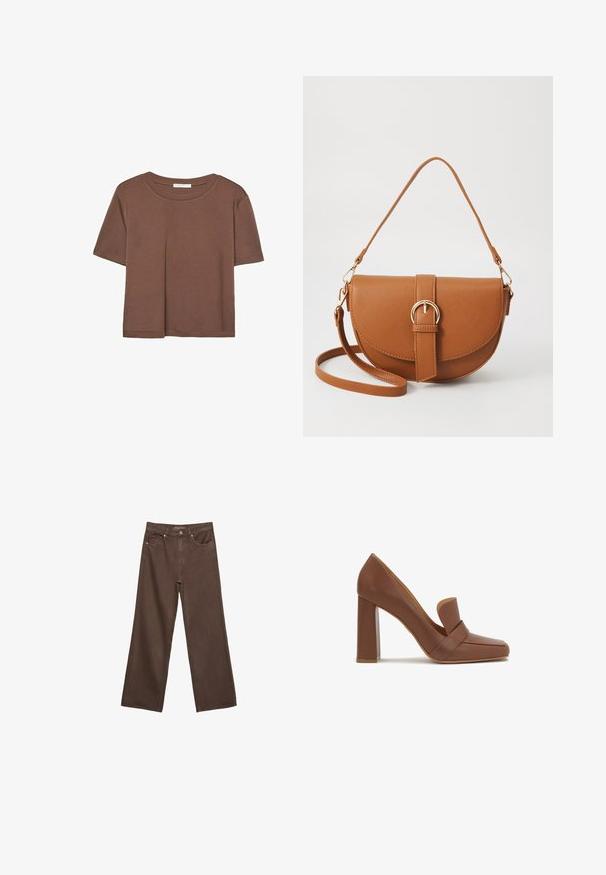 Rjava kratka majica s kratkimi rokavi iz mehkega materiala, s krožnim izrezom in ohlapnim krojem. Brez vidnih vzorcev ali dodatkov.; Široke rjave kavbojke iz denima, ki imajo visok pas, sprednje žepe in klasično zapiranje na gumb. Gladka tekstura s subtilnim šivom.; Rjava usnjena čevlja s peto, kvadratnim toe-om in širokim trakom spredaj. Peta je blokasta in trdna.; Rjava usnjena torbica prek telesa s ukrivljeno obliko, zlate opreme in sponko. Ima odstranljiv naramni trak.
