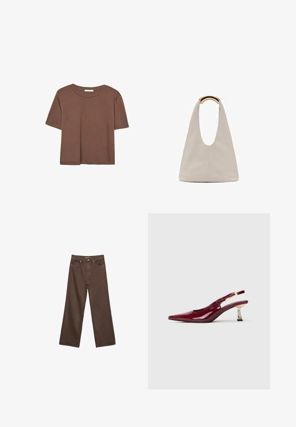 Brązowa koszulka z krótkim rękawem, wykonana z miękkiego materiału, z okrągłym dekoltem i luźnym krojem. Brak widocznych wzorów lub akcentów.; Szerokie brązowe dżinsy wykonane z denimu, z wysokim stanem, przednimi kieszeniami i klasycznym zapięciem na guzik. Gładka faktura z subtelnym przeszyciem.; Błyszczący burgundowy but typu slingback z ostrym noskiem, z złotym zapięciem i średniej wysokości metaliczną blokową obcasem na białym tle.; Jasnoszara skórzana torba o kształcie litery U z zakrzywionym metalowym uchwytem. Gładka tekstura z minimalnymi szwami i bez widocznych wzorów.