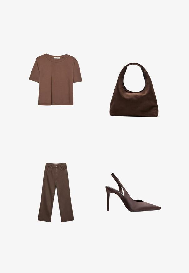 Smeđi kratki rukav majica od mekog materijala, s okruglim izrezom i opuštenim krojem. Nema vidljivih uzoraka ili naglasaka.; Proširene smeđe traperice od denima, s visokim strukom, prednjim džepovima i klasičnom kopčom na dugme. Glatka tekstura s suptilnim šavovima.; Smeđi satenski sandala s visokim potpeticama, s oštrim vrhom i izrezbarenom dizajnom. Ima tanku stileto potpeticu i glatku teksturu.; Meka mekana smeđa torba hobo stila s jednim širokim remenom i zakrivljenim otvaranjem na vrhu, prikazana na bijeloj pozadini.