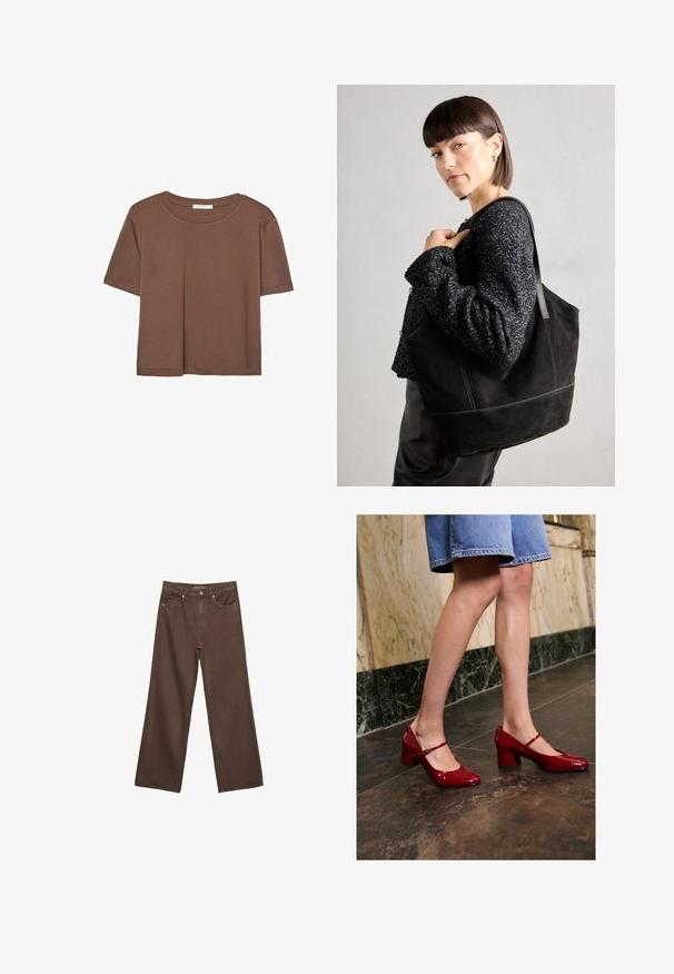 Kahvinsävyinen lyhythihainen t-paita, joka on valmistettu pehmeästä kankaasta. Pyöreä pääntie ja rento malli. Ei näkyviä kuvioita tai koristeita.; Leviittävät ruskeat farkut, jotka on valmistettu denimistä, korkea vyötärö, etutaskut ja klassinen nappikiinnitys. Silkkinen pinta hienovaraisella ompelutyöllä.; Henkilö, joka on pukeutunut kiiltäviin punaisiin Mary Jane -korkokenkiin ja sinisiin farkkuhousuihin, seisoo tummalla laattalattialla marmoriseinän vieressä.; Musta mokkanahkainen laukku, jossa on sileä pinta, jämäkkä muoto ja kontrastivärinen ommel. Varustettu pitkillä hihnoilla olalla kantamista varten.