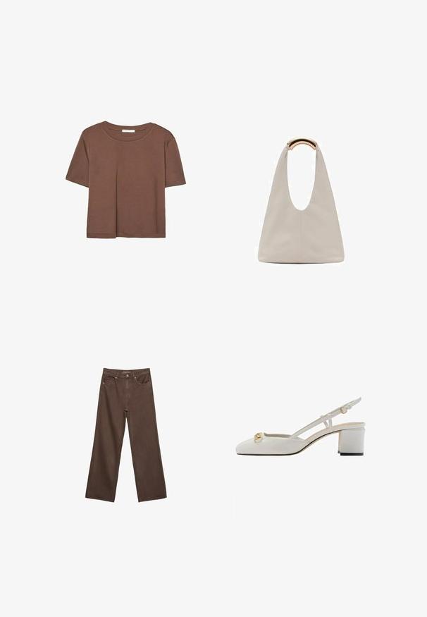 Smeđi kratki rukav majica od mekog materijala, s okruglim izrezom i opuštenim krojem. Nema vidljivih uzoraka ili naglasaka.; Proširene smeđe traperice od denima, s visokim strukom, prednjim džepovima i klasičnom kopčom na dugme. Glatka tekstura s suptilnim šavovima.; Bijela patentirana kožna slingback cipela s ostrim vrhom, zlatnim detaljem i blok petom. Ima podesivu traku i dizajn s izrezom.; Svijetlosivi kožni torba s oblikom u slovo U i zakrivljenim metalnim drškom. Glatka tekstura s minimalnim šavovima i bez vidljivih uzoraka.