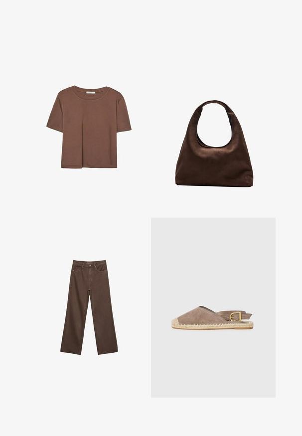 Brun kortærmet t-shirt lavet af blødt stof, med rund halsudskæring og afslappet pasform. Ingen synlige mønstre eller detaljer.; Bredde ben brun denim jeans med høj talje, forlommer og klassisk knaplukning. Glat tekstur med diskret syninger.; Sæde espadrille sandal i taupe, med åben bagdesign, jute sål, flad hæl, med justerbar spændeaccent, der har en kontrasterende beige tåkap.; Blød brun hobo-stil håndtaske med en enkelt bred strop og en buet åbning på toppen, vist på en hvid baggrund.