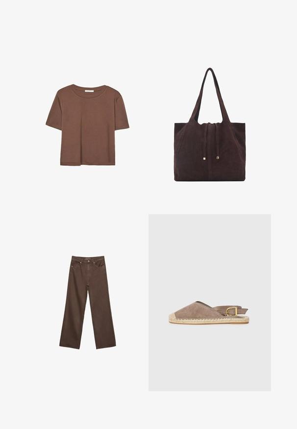Hnedé tričko s krátkym rukávom vyrobené z jemného materiálu, s okrúhlym výstrihom a voľným strihom. Žiadne viditeľné vzory ani akcenty.; Džínsy s širokými nohavicami v hnedej farbe, vyrobené z denimu, so zvýšeným pásom, prednými vreckami a klasickým zapínaním na gombík. Hladká textúra s jemným prešívaním.; Semišové espadrilky v taupe farbe, otvorený zadný dizajn, jutová podrážka, plochý podpätok, s nastaviteľným prackovým detailom, ktorý má kontrastný béžový kryt prstov.; Mango Veľká kabelka - dark brown