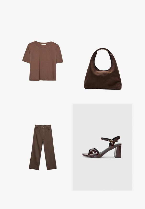 Brun kortærmet t-shirt lavet af blødt stof, med rund halsudskæring og afslappet pasform. Ingen synlige mønstre eller detaljer.; Bredde ben brun denim jeans med høj talje, forlommer og klassisk knaplukning. Glat tekstur med diskret syninger.; Patent bordeaux højhælede sandaler med åben tå, udstyret med krydsseler og en ankelrem med en rund guldbuckle. Design med blockhæle.; Blød brun hobo-stil håndtaske med en enkelt bred strop og en buet åbning på toppen, vist på en hvid baggrund.