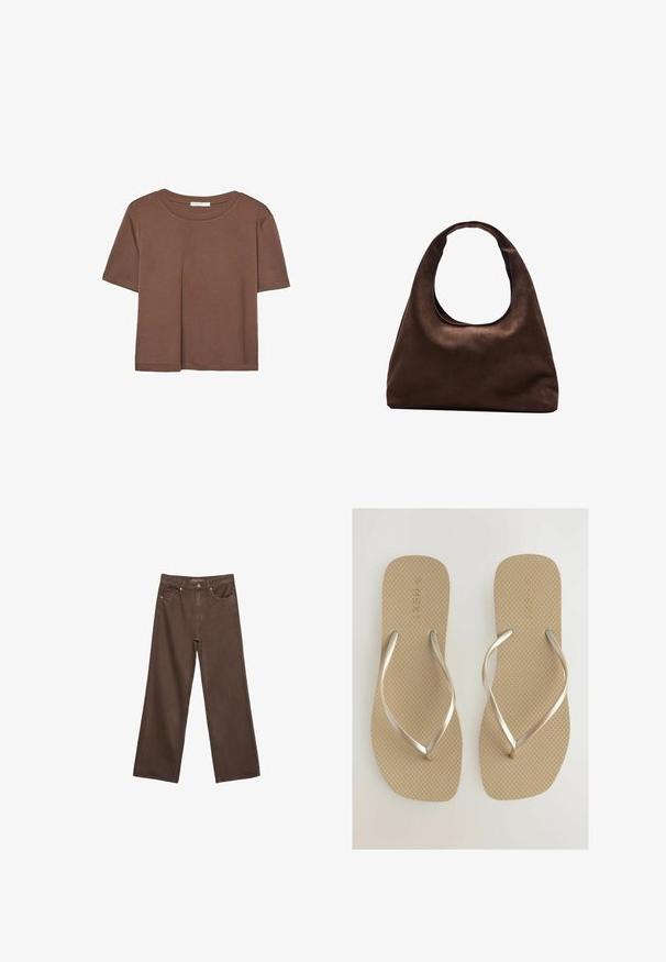Korte mouwen T-shirt in bruin, gemaakt van een zachte stof, met een ronde halslijn en een relaxte pasvorm. Geen zichtbare patronen of accenten.; Brede bruine spijkerbroek van denim, met een hoge taille, voorzakken en een klassieke knoopsluiting. Soepele textuur met subtiele stiksels.; Beige slipper met een gestructureerde zool en metallic zilveren bandjes. Eenvoudig ontwerp met een platte en brede voetbed voor comfort.; Zachte bruine hobo-stijl handtas met een enkele brede schouderband en een gebogen opening aan de bovenkant, weergegeven op een witte achtergrond.