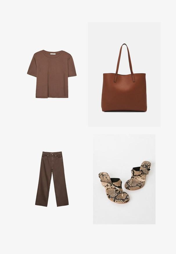 Hnedé tričko s krátkym rukávom vyrobené z jemného materiálu, s okrúhlym výstrihom a voľným strihom. Žiadne viditeľné vzory ani akcenty.; Džínsy s širokými nohavicami v hnedej farbe, vyrobené z denimu, so zvýšeným pásom, prednými vreckami a klasickým zapínaním na gombík. Hladká textúra s jemným prešívaním.; Friends Like These Sandále T-bar - snake print; Hnedá kožená taška na rameno s hladkou textúrou, otvoreným vrchom a dvoma ramenými popruhmi. Má minimálne šitia a žiadne viditeľné kovania.