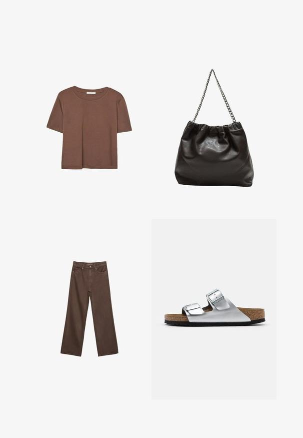 Braunes, kurzärmliges T-Shirt aus weichem Material mit rundem Halsausschnitt und lockerer Passform. Keine sichtbaren Muster oder Akzente.; Weite braune Jeans aus Denim, mit hoher Taille, Fronttaschen und klassischem Knopfverschluss. Glatte Textur mit feinen Nähten.; Silberne Leder-Sandale mit zwei verstellbaren Schnallen, Korkfußbett und einer strukturierten schwarzen Gummisohle. Offene Zehenpartie mit weichen Kanten.; Braune Lederhandtasche mit gerafftem Oberteil und Kettenriemen. Glatte Textur mit glänzendem Finish und subtilen Nahtdetails an den Seiten.