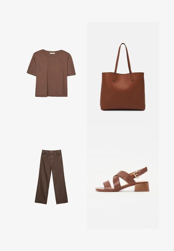 Brun kortærmet t-shirt lavet af blødt stof, med rund halsudskæring og afslappet pasform. Ingen synlige mønstre eller detaljer.; Bredde ben brun denim jeans med høj talje, forlommer og klassisk knaplukning. Glat tekstur med diskret syninger.; Brun lædersandal med krydsremdesign, justerbar ankelspænde og en lav, stablet blokhæl med en struktureret overflade.; Brun læder tote taske med en glat overflade, åben topdesign og to skulderremme. Har minimal syning og ingen synlig hardware.
