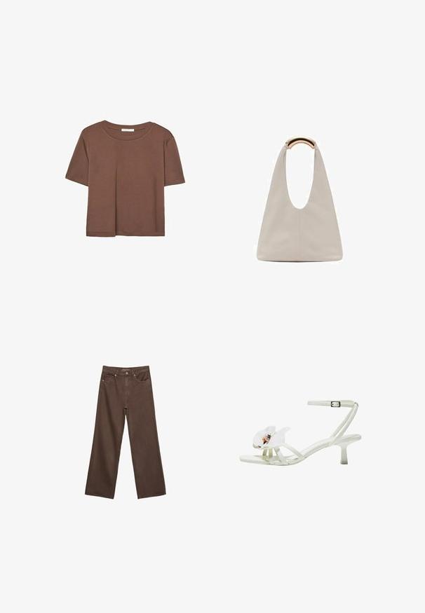 Brązowa koszulka z krótkim rękawem, wykonana z miękkiego materiału, z okrągłym dekoltem i luźnym krojem. Brak widocznych wzorów lub akcentów.; Szerokie brązowe dżinsy wykonane z denimu, z wysokim stanem, przednimi kieszeniami i klasycznym zapięciem na guzik. Gładka faktura z subtelnym przeszyciem.; Białe sandały na obcasie wykonane z fakturowanego materiału, z szerokim kwiatowym akcentem na palcu, cienkimi paskami i średnio wysokim obcasem typu stiletto.; Jasnoszara skórzana torba o kształcie litery U z zakrzywionym metalowym uchwytem. Gładka tekstura z minimalnymi szwami i bez widocznych wzorów.