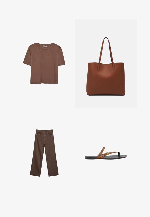 Braunes, kurzärmliges T-Shirt aus weichem Material mit rundem Halsausschnitt und lockerer Passform. Keine sichtbaren Muster oder Akzente.; Weite braune Jeans aus Denim, mit hoher Taille, Fronttaschen und klassischem Knopfverschluss. Glatte Textur mit feinen Nähten.; Sandale aus braunem Leder mit einem goldenen Schnallendetail, flacher schwarzer Sohle und minimalistischer Gestaltung, mit einer glatten Textur.; Braune Leder-Tote mit glatter Textur, offenem Oberteil und zwei Schulterriemen. Verfügt über minimale Nähte und keine sichtbaren Beschläge.