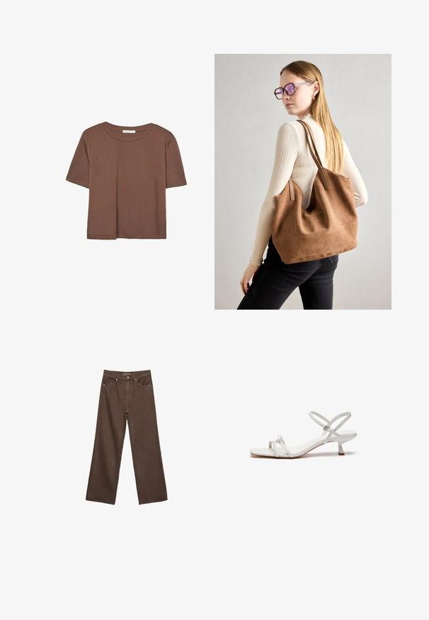 Rjava kratka majica s kratkimi rokavi iz mehkega materiala, s krožnim izrezom in ohlapnim krojem. Brez vidnih vzorcev ali dodatkov.; Široke rjave kavbojke iz denima, ki imajo visok pas, sprednje žepe in klasično zapiranje na gumb. Gladka tekstura s subtilnim šivom.; Bela stradala sandal s niskim blokastim petom, ravnim podplatom i prilagodljivim remenom oko gležnja. Glatki materijal s jednostavnim dizajnom.; Rjava semišna torba z mehko teksturo, velikim odprtjem in dolgimi ročaji. Ima preprost dizajn z vidnim šivanjem in brez okovja.
