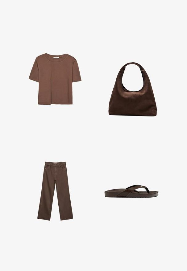 Smeđi kratki rukav majica od mekog materijala, s okruglim izrezom i opuštenim krojem. Nema vidljivih uzoraka ili naglasaka.; Proširene smeđe traperice od denima, s visokim strukom, prednjim džepovima i klasičnom kopčom na dugme. Glatka tekstura s suptilnim šavovima.; Smeđe japanke s debelim, glatkim potplatom i dizajnom s križnim trakama. Napravljene od sintetičkog materijala, s izrezbarenim potplatom za bolje prianjanje.; Meka mekana smeđa torba hobo stila s jednim širokim remenom i zakrivljenim otvaranjem na vrhu, prikazana na bijeloj pozadini.